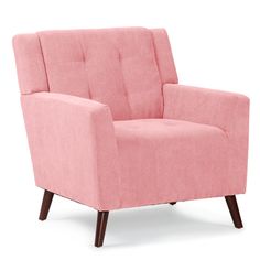 a pink chair sitting on top of a wooden legrest next to a white wall