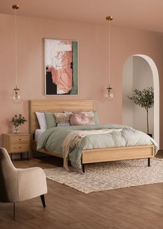 a bed room with a neatly made bed next to a chair and a painting on the wall