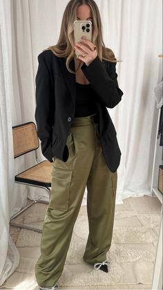 Elevated cargo pants OR How to do the cargo pants trend in your thirties. Love these designs in satin and silk to give the look a more refined and chic take ✨ Satin cargo pants | Silk cargo trousers | Combat pants | Wide legged trousers | Karen Millen | River Island | & Other Stories Follow my shop @lauragabrielle on the @shop.LTK app to shop this post and get my exclusive app-only content! #liketkit #LTKworkwear #LTKshoecrush #LTKstyletip @shop.ltk Wide Leg Cargo Trousers Outfit, Cargo Pants Professional, Green Silk Trousers Outfit, Slinky Pants Outfit, Green Combat Pants Outfit, Satin Cargo Pants Outfit Casual, Green Cargo Winter Outfit, Twill Cargo Pants Outfit, Elegant Cargo Pants Outfit