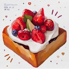 a painting of strawberries and blueberries on a piece of bread with hearts around it