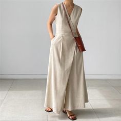 Features: Style: Casual Occasion: Daily Material: Cotton&Polyester Sleeves: Sleeveless Neckline: V Neck Pattern: Solid Type: Women Rompers Season: Fall, Spring,Summer Size Chart: Jumpsuit Pants, Slim Bodysuit, Mode Kimono, Pocket Jumpsuit, Pants Summer, Jumpsuit Summer, Linen Jumpsuit, Chic Pink, Linen Maxi Dress