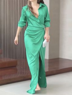 Sku CY-!132818 Material Dacron Style Long Sleeves Feature Split-side , Solid Color Neckline Lapel Collar Occasion Going out , Casual , Vacation Seasons Spring , Summer , Autumn Type Maxi Dresses , Shirt Dress Color GREEN Size S,M,L,XL Please consult the size chart we provide for this item's measurements to help you decide which size to buy.Please note: There may be 1-3cm differ due to manual measurement. CMINCH Bust Waist Shoulder Sleeve Length S 88 70 39 59 142 M 92 74 40 60 143 L 96 78 41 61 1 Maxi Shirt Dress, Long Shirt Dress, Long Sleeve Shirt Dress, Long Shirt, Lapel Collar, Womens Fashion Casual, Maxi Dresses, Wrap Dress, Colorful Dresses