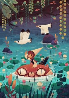 an image of a woman floating in the water surrounded by birds and lilypads