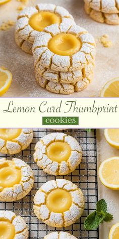 lemon curd thumbprint cookies on a cooling rack with lemons in the background