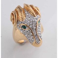 This is part of Chairish’s Costume Jewelry assortment.  Impressive Large Ram Head Ring made to Impress!  Beautiful Ram Head 18k Gold Plated Ring: Size:9 CZ Pave Face with Faux Emerald Eyes very good condition  Dimensions reference the ring size and are not specific to the ring itself. Luxury Gold Rings With Stone Setting, Luxury Yellow Gold Jewelry With Rhinestones, Luxury Gold Ring With Stone Setting, Luxury Yellow Gold Rings With Bling, Glamorous Formal Rings With Rhinestones, Glamorous Bling Rings For Formal Occasions, Glamorous Rhinestone Formal Rings, Glamorous Formal Rings With Bling, Luxury Rhinestone Ring Jewelry