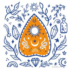 an orange and blue tent surrounded by leaves, stars, and other things on a white background