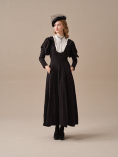 Black Linen Dresses For Fall, Black Dress With Pleated Sleeves For Daywear, Black Linen Dress For Fall, Elegant Black Linen Dress, Elegant Black Fitted Linen Dress, Elegant Fitted Black Linen Dress, Elegant Black Linen Dress For Daywear, Black Linen Long Sleeve Dress, Fitted Black Linen Dress For Work