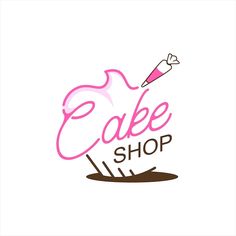 the logo for cake shop is pink and brown, with an image of a cupcake on