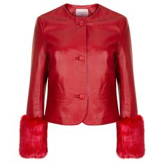 Verheyen Vita Cropped Jacket in Red Leather with Faux Fur - Size uk 12 Handmade in London, made with 100% Italian Lambs Leather and the highest quality of faux fur to match, this luxury item is an investment piece to wear for a lifetime. This piece is made by artisans in London, expert artisans who make for the top luxury brands. This is a coat to treasure for a life time and made by artisans. All of our faux fur is the most stunning, soft and beautiful quality making this leather trench coat a Jean Muir, Shearling Vest, Leather Trench, Leather Trench Coat, Leather Biker Jacket, Cropped Jacket, Shearling Jacket, College Fashion, Red Jacket