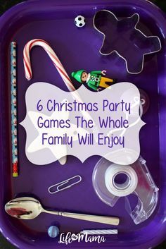 a purple tray filled with toys and candy canes for christmas party games the whole family will enjoy