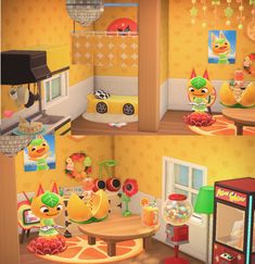 two pictures of the same room in animal crossing