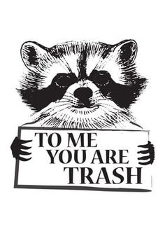 a raccoon holding a sign with the words to me you are trash on it