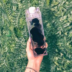 a person holding an empty bottle in front of green plants and leaves on the ground