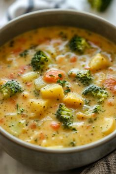 a bowl of soup with broccoli and carrots