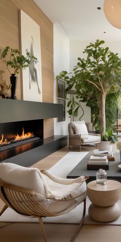 a living room with white furniture and a fire place in the center, surrounded by potted plants