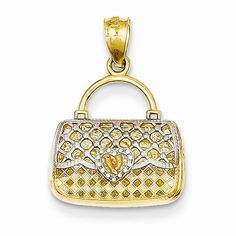 Metal: 14k Yellow & RhodiumLength:21 mmWidth:15 mmFinish: Polished, Hollow, Textured, Textured backFree U.S. Shipping for orders over $99 Protected by our 30-Day Risk Free Returns! Heart Handbag, Jewels Rings, Handbag Charms, Gold Polish, Fine Jewellery Necklace, Gold Jewelry Fashion, Heart Jewelry, Heart Of Gold, Gold Pendant