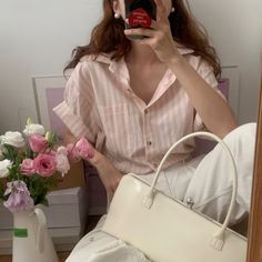 Vertical Stripe Short Sleeve Pink Blouse  Material: Cotton  Size: F Color: Pink,  Season: Spring, Autumn, Summer   Occasion:  Leisure, Outdoor, Daily,   Vacation,  Dating, Lazy Style, Striped Short Sleeve Shirt, Vintage Office, Blouse Material, Hot Dress, Style Women, Casual Streetwear, Pink Blouse, Office Wear