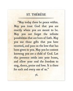 a piece of paper with the words st theresa written in black and white on it