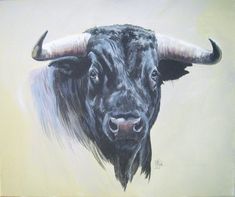 a painting of a black bull with large horns