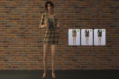 a woman standing in front of a brick wall next to four different clothes on display