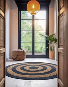 a door way with a rug and potted plant