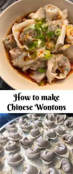 how to make chinese wontons in a pan with text overlay that reads, how to make chinese wontons