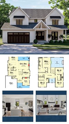 two story house plan with 3 car garage and open floor plans for this family home