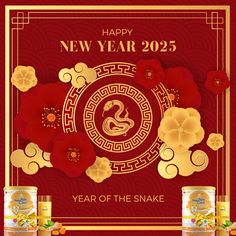 the chinese new year's greeting card with two cans of snake and red flowers