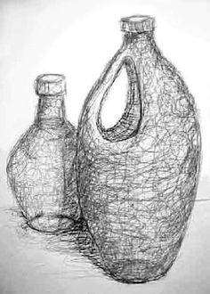 a drawing of two vases sitting next to each other on a table with a white background