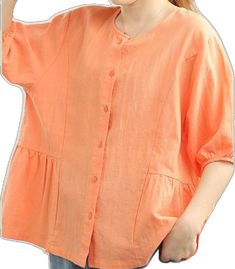 Chic Orange Cinched Lantern Sleeve Linen Summer Blouses Billowy Solid Color Summer Tops, Solid Billowy Tops For Summer, Casual Summer Smock Blouse, Summer Smock Blouse With Billowy Fit, Billowy Short Sleeve Blouse For Summer, Billowy Smock Blouse For Summer, Summer Billowy Smock Blouse, Casual Billowy Top For Daywear, Casual Billowy Blouse For Spring