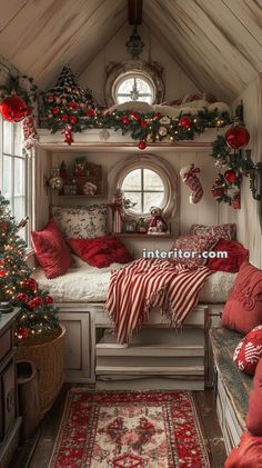 a bedroom decorated in red and white with christmas decorations on the walls, windows, and bed