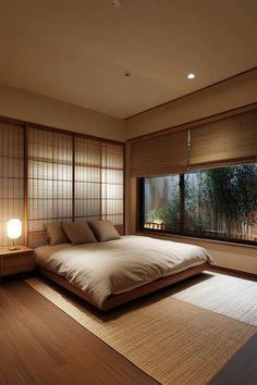 Zen-like modern Japanese bedroom futon tatami mat shoji screen minimalist furniture ambient lighting natural textures Minimalist Japanese Bedroom, Modern Japanese Homes, Japanese Homes, Minimalist Japanese, Japanese Home, Sleep Sanctuary