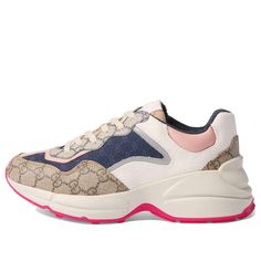 Womens Gucci GG Rhyton 'Beige White Pink' Beige/Ebony/White/Blue/Pink WMNS Marathon Running Shoes/Sneakers Luxury Gucci Beige Sneakers, Luxury Beige Gucci Sneakers, New Blance Shoes, Gucci Rhyton, Crocs Slippers, Lv Shoes, Marathon Running Shoes, Dad Shoes, Black Fire