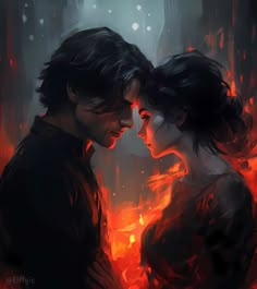 two people standing next to each other in front of a dark background with red flames