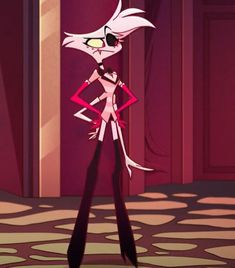 an animated character standing in front of a doorway