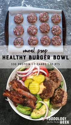 a bowl filled with meat and vegetables next to a tray of burger patties