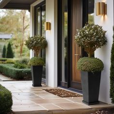 two large planters are on the side of a house