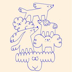 a drawing of several dogs and cats in blue ink on a white paper with an orange background