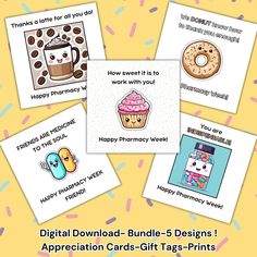 four different greeting cards with the words happy birthday and donuts on them, including one for