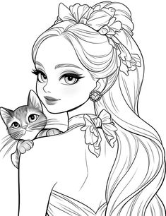 a girl with long hair holding a cat in her hand coloring pages for adults and children