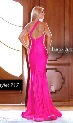 Step out with confidence wearing this one-shoulder long mermaid prom dress 717 by Jessica Angel. A seductive choice for prom, galas, and other black-tie events, this long designer dress has a slash-style front cut out and one shoulder strap that flows diagonally over the open back. In misses and some plus sizes, this long formal dress has a mermaid skirt that hugs the hips before draping to the floor with a flourish. Indulge in sultry allure when you choose this one-shoulder long mermaid prom dr Slash Style, One Shoulder Evening Gown, Cut Out Prom Dresses, Designer Prom Dress, Prom Dresses Long Mermaid, Long Formal Dress, Mermaid Prom Dress, Designer Prom Dresses, Prom Designs