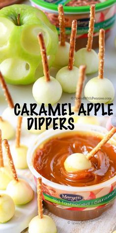 caramel apple dippers with apples in the background