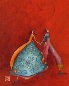 a painting of two people holding hands on top of a blue and orange pillow with a heart above them