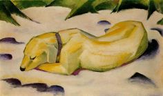 a painting of a yellow bear laying on the ground