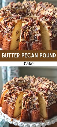 two pictures side by side of a cake with pecan toppings on top and bottom