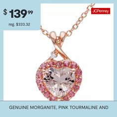 This romantic pendant necklace is both sweet and sophisticated with a heart-shaped morganite framed by round pink tourmaline. A diamond-accent crisscross bale and 14K rose gold over sterling silver setting keeps the look fresh and modern.Metal: Rhodium-plated 14K rose gold over sterling silverStone: 7x7mm heart-shaped genuine morganite and round genuine pink tourmalineOther Stones: Round diamond accentSetting: Prong and pavéClosure: Spring-ringDimensions: 17" long cable chainPendant Size: 10.4x… Pink Heart Pendant Jewelry For Anniversary Gift, Pink Heart Pendant Necklace For Anniversary, Pink Necklace For Valentine's Day Anniversary, Pink Heart Necklace For Anniversary Gift, Pink Necklaces For Valentine's Day Anniversary Gift, Feminine Heart Pendant Necklace For Valentine's Day, Heart Pendant Necklace, Morganite, Pink Tourmaline