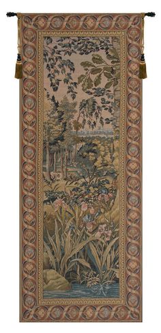 a tapestry hanging on the wall with flowers and trees in it's center,