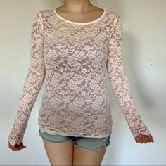 Forever 21 Lace Long Sleeve Top Nwt - Only Wore It To Take Pics Size S Blush Pink A Little Key Hole On The Back Stretchy Forever 21 Stretch Tops For Day Out, Pink Stretch Lace Top For Spring, Trendy Stretch Lace Top For Spring, Forever 21 Long Sleeve Tops For Spring, Forever 21 Fitted Pink Tops, Fitted Pink Tops By Forever 21, Lace Long Sleeve Top, Pink Long Sleeve Top, Lace Top Long Sleeve