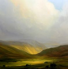 an oil painting of green hills under a cloudy sky