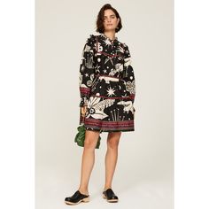 Black printed cotton (100% Cotton). Shift. Long sleeves. Mock neck. Front button closure. 35.5" from shoulder to hemline. Imported. Rent The Runway, Closet Designs, Farm Rio, Black Print, Printed Cotton, Mock Neck, Date Night, High Neck Dress, Long Sleeves